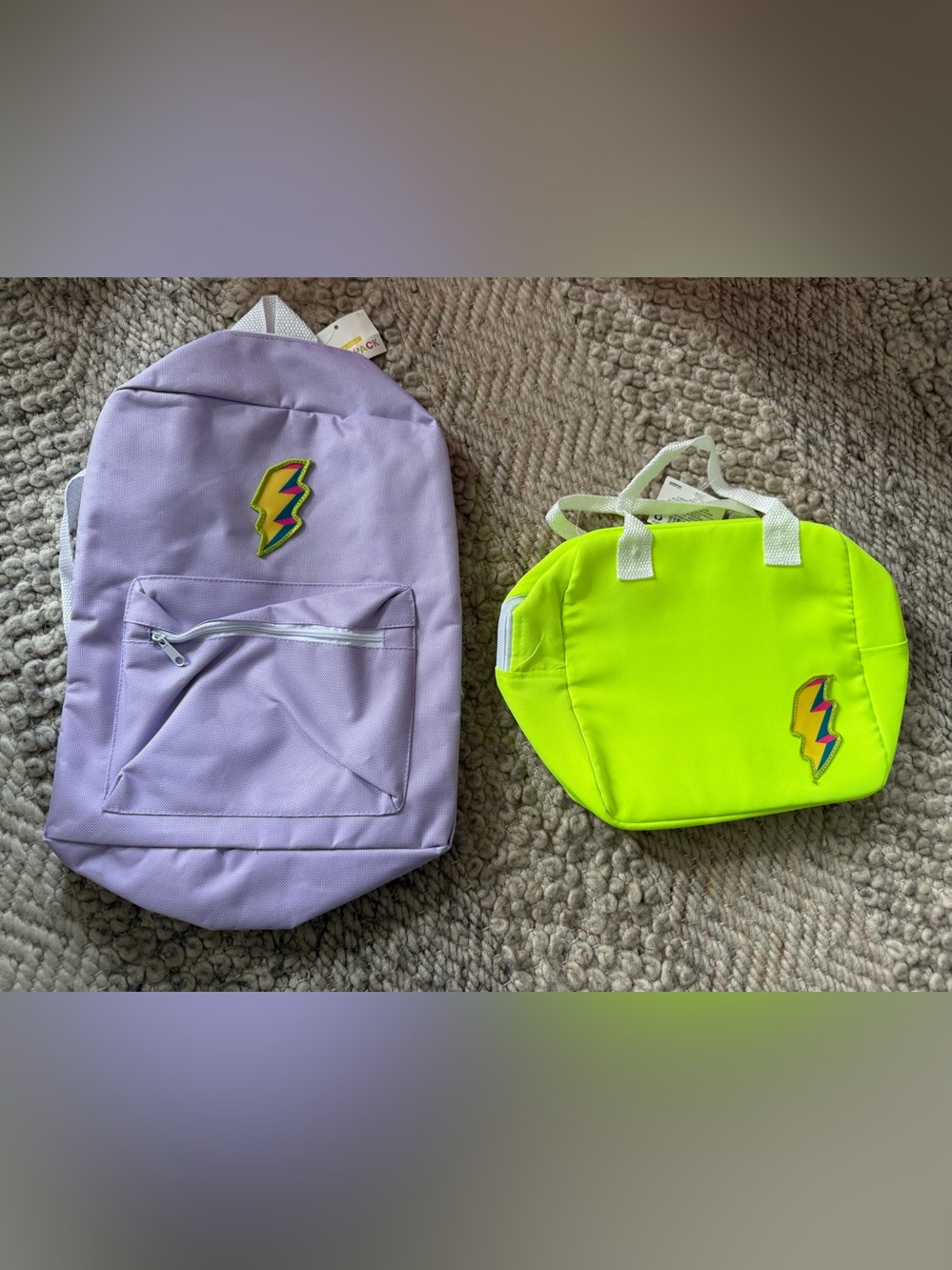 Kids Lavender Backpack with Neon Yellow Lunch Tote - Lightning Bolt Patch new
